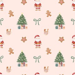 Cute Watercolor Christmas seamless pattern with Santa and tree, gifts, gingerbread cookies, cocoa mug, and festive ribbon