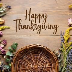 Thanksgiving Basket with Dried Flowers and Festive Sign on Wooden Surface