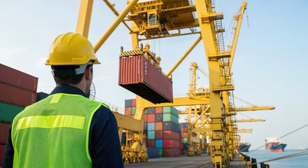 Dock worker overseeing cargo container loading operation at shipping port with crane equipment.