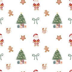 Cute Watercolor Christmas seamless pattern with Santa and tree, gifts, gingerbread cookies, cocoa mug, and festive ribbon