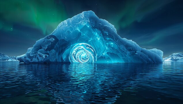 Iceberg floating on water with a glowing portal in the center, under a green aurora borealis sky. - Powered by Adobe