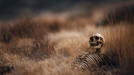 A solitary skeleton rests in a field of dry golden grass under harsh lighting