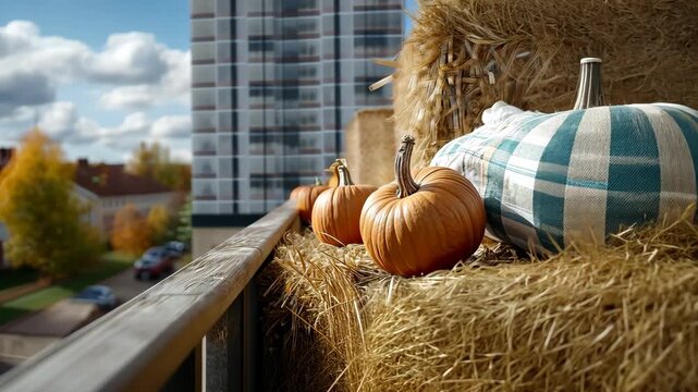 Brightly colored pumpkins on a hay stack highlight the beauty of autumn in an urban setting, blending nature with city views