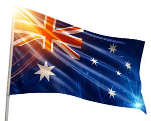 3d icon of australian flag waving with bright light and sparkles isolated on transparent background