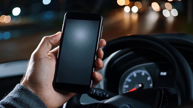 A person holds a smartphone in one hand while driving at night, showcasing the risks of distractions on the road
