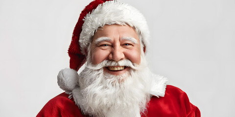 Joyful older person with a white beard and mustache, wearing a red hat with a white brim and a red coat, smiling brightly at the viewer against a plain white backdrop, creating a sense of warmth