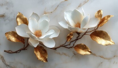 Elegant white magnolia flowers with golden-tipped leaves on a marble
