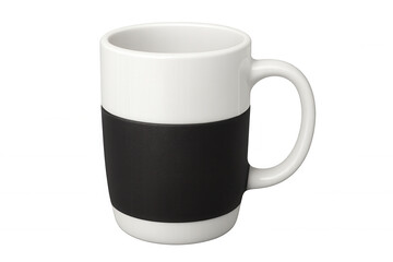 White ceramic coffee mug with black sleeve, classic drinkware for hot beverages and branding mockups