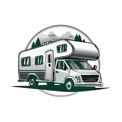 Naklejka premium Class C motorhome RV vector illustration with a mountain forest landscape badge for travel and camping