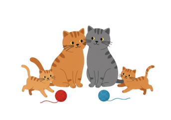 A cute cartoon illustration of a cat family with two parents and two kittens playing with yarn.