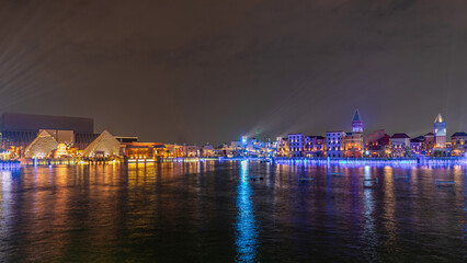 Naklejka premium Panorama showing Riyadh Boulevard World entertainment park with largest artificial lake timelapse. Riyadh. Saudi Arabia