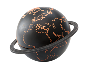 3d icon of a black globe with a ring around it, isolated on transparent background
