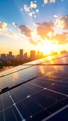 Fototapeta premium Rooftop solar panels at sunset over a city