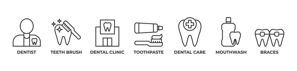 A Journey Through Complete Dental Care Icons set vector illustration outline with Dentist, Teeth brush, Dental clinic, Toothpaste, Dental care, Mouthwash, Braces