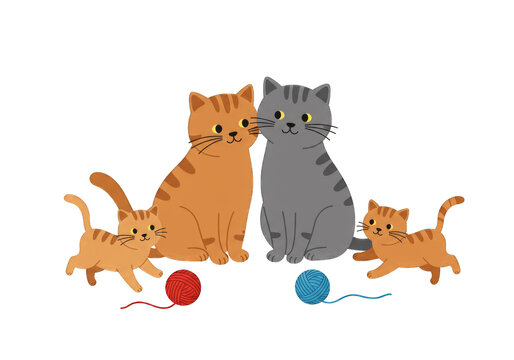 A cute cartoon illustration of a cat family with two parents and two kittens playing with yarn.