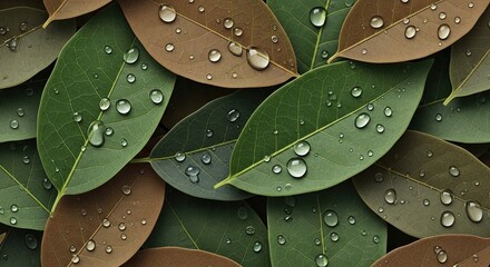 Fresh organic pattern of rain kissed green leaves featuring subtle and delicate water droplet reflections