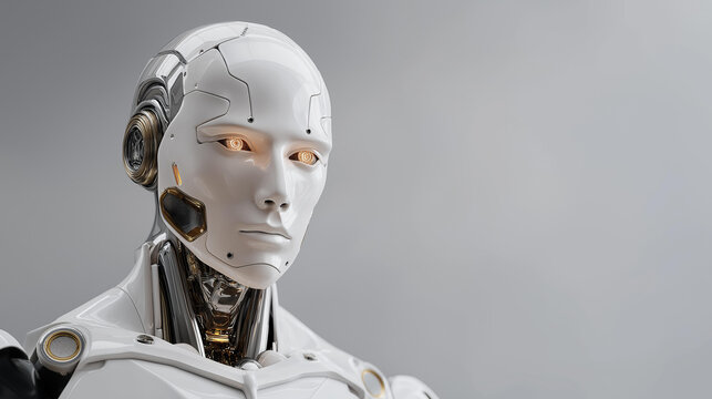 AI-generated realistic portrait of a humanoid robot with sleek metallic finish, expressive luminous eyes, and detailed facial circuits, symbolizing artificial intelligence, robotics artistry, and - Powered by Adobe