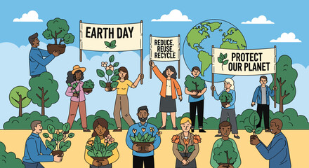 Diverse Group Celebrates Earth Day With Plants And Environmental Awareness
