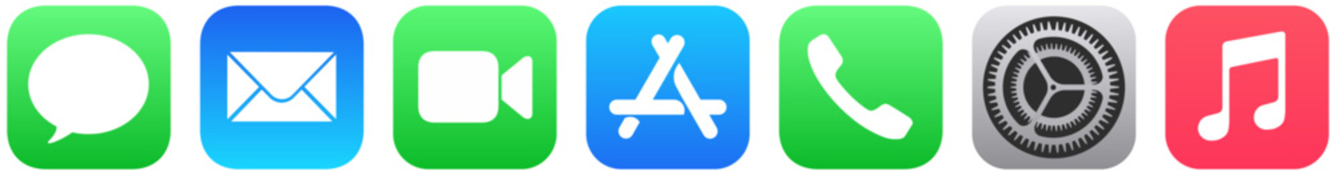 iOS app icons set. Apple iPhone application logos including Messages, Mail, App Store, Phone, Settings, and Music on gray background.