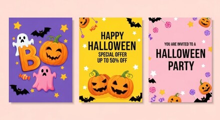 Vector art of set of halloween party invitation cards with pumpkins, bats and ghosts
