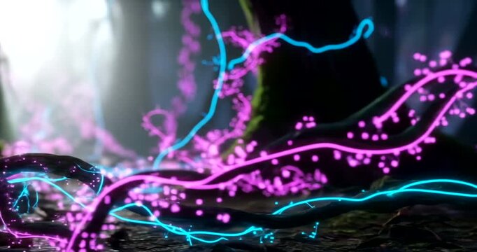 Vibrant neon roots intertwining in a mystical forest setting at twilight