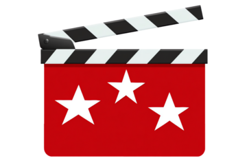 Red clapperboard with three white stars isolated on transparent background