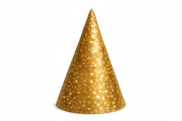 Golden party hat with sparkling glitter texture celebrating events like birthdays and new year on transparent background