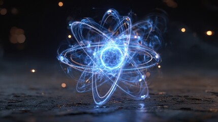 Futuristic glowing atomic model with bright blue energy trails and sparks