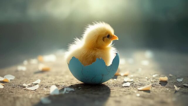 Adorable yellow chick sitting inside cracked blue eggshell on sunlight floor surrounded by shell fragments creating soft warm spring atmosphere