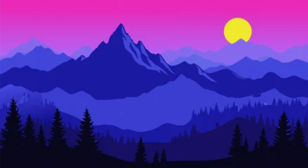 Selbstklebende Fototapeten Violett Vibrant vector mountain sunset with layered peaks, dense forests, and a dramatic purple-blue gradient sky, a stylized digital landscape  © PDWN Creative