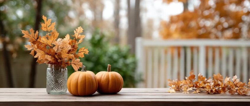Bright orange pumpkins and vibrant autumn leaves create a cozy atmosphere on a wooden table in an outdoor setting