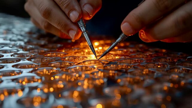 Hands testing illuminated electronic circuit board with metal probes creating glowing reflections on surface in dark technology laboratory setting