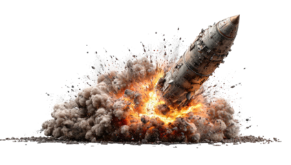 A digital rendering of a rocket violently exploding mid-air, showcasing intense fire and smoke