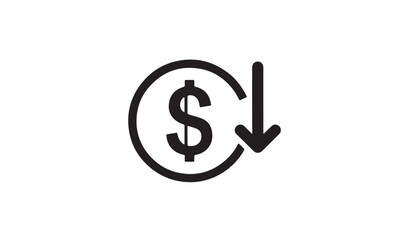 Dollar sign with down arrow isolated on white background