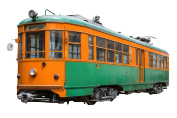 A vintage orange and green electric streetcar isolated on a transparent background