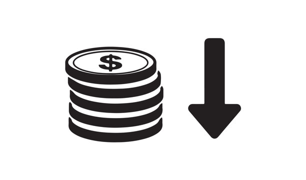 Stack of coins with downward arrow isolated on white background