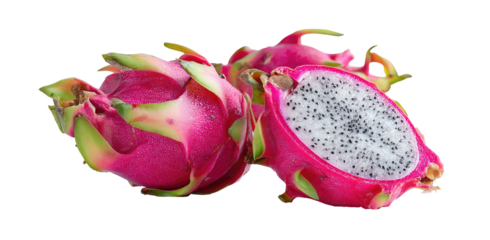 A close-up shot of three exotic fruits; one sliced open to reveal a white flesh speckled with seeds