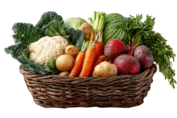 A woven basket brimming with fresh vegetables, showcasing a variety of textures and vibrant colors
