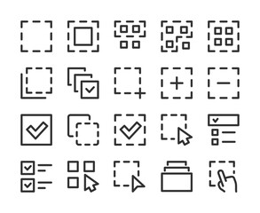 Selection and Multiselect, icon set. Interface elements for choosing items: checkbox, cursor, grid, selection frame, add, mark, highlight, click, UI design, digital tools. Line with editable stroke