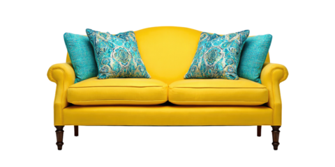 A vibrantly colored, two-seater sofa with teal pillows against a black background