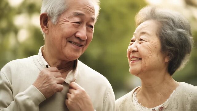 屋外で笑顔を交わす高齢夫婦のポートレート／仲の良いシニアカップル・散歩・穏やかな日常・幸福感・ライフスタイル・介護・老後・健康イメージ・ナチュラルな表情