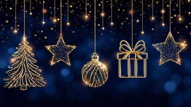 A festive seamless pattern of golden Christmas decorations on a dark blue glittery background for holiday and winter celebration designs