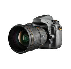 Fototapeta premium A digitally rendered, sophisticated DSLR camera, positioned on a stark, black background