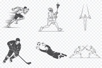 Collection of black-and-white line art illustrations depicting athletes in various sports, including lacrosse, gymnastics, soccer, and hockey.
