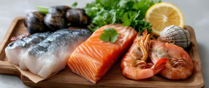 This clip showcases a vibrant selection of fresh seafood including shrimp, salmon, and shellfish prepared for cooking