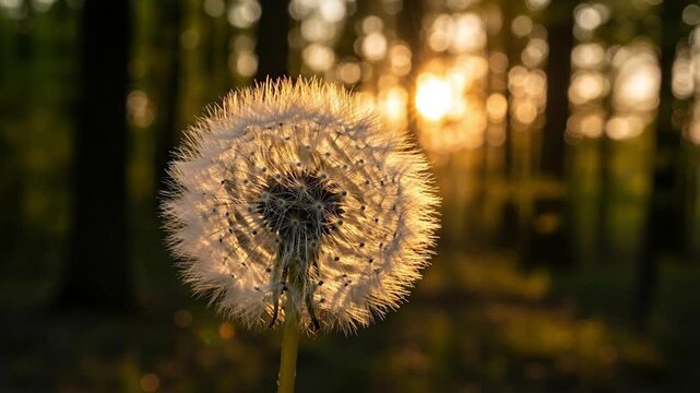 A breathtaking close-up shot captures the delicate beauty of a dandelion seed head, softly illuminated by the warm, golden light of either a sunrise or sunset. The sun's rays create a luminous halo ef