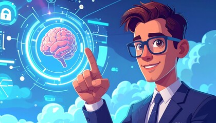 Image fa&ccedil;on dessin anim&eacute; d'un homme d'affaires &agrave; lunettes devant un &eacute;cran virtuel o&ugrave; est repr&eacute;sent&eacute; un cerveau et l'IA pour repr&eacute;senter la p&eacute;dagogie, la communication