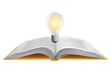 Open book with glowing light bulb on transparent background