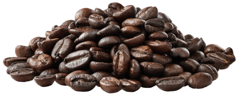 A pile of roasted coffee beans, varying in shades of brown, piled against a black background