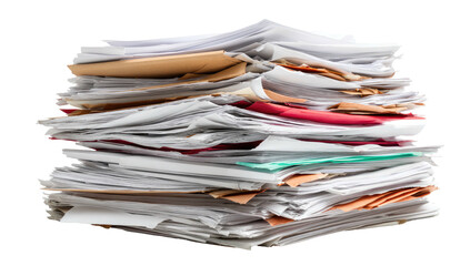 Close-up of a chaotic, overflowing stack of papers and folders, representing overwhelming paperwork